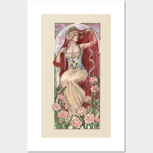 Veiled Lady of January with Pink Carnations and Snowdrop Birth Flower Corset Mucha Inspired Birthstone Series Posters and Art